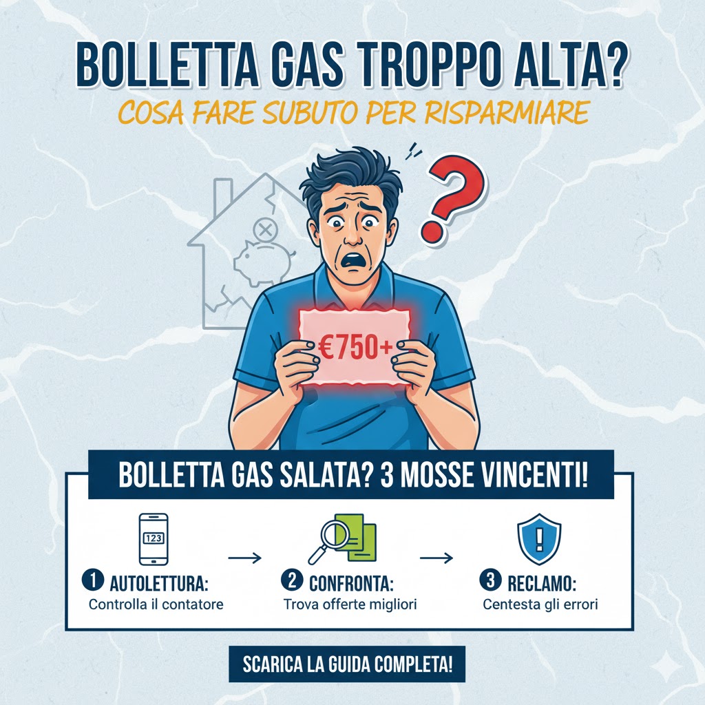Infografica che mostra i 3 passi da fare per una bolletta gas alta: autolettura, confronto e reclamo