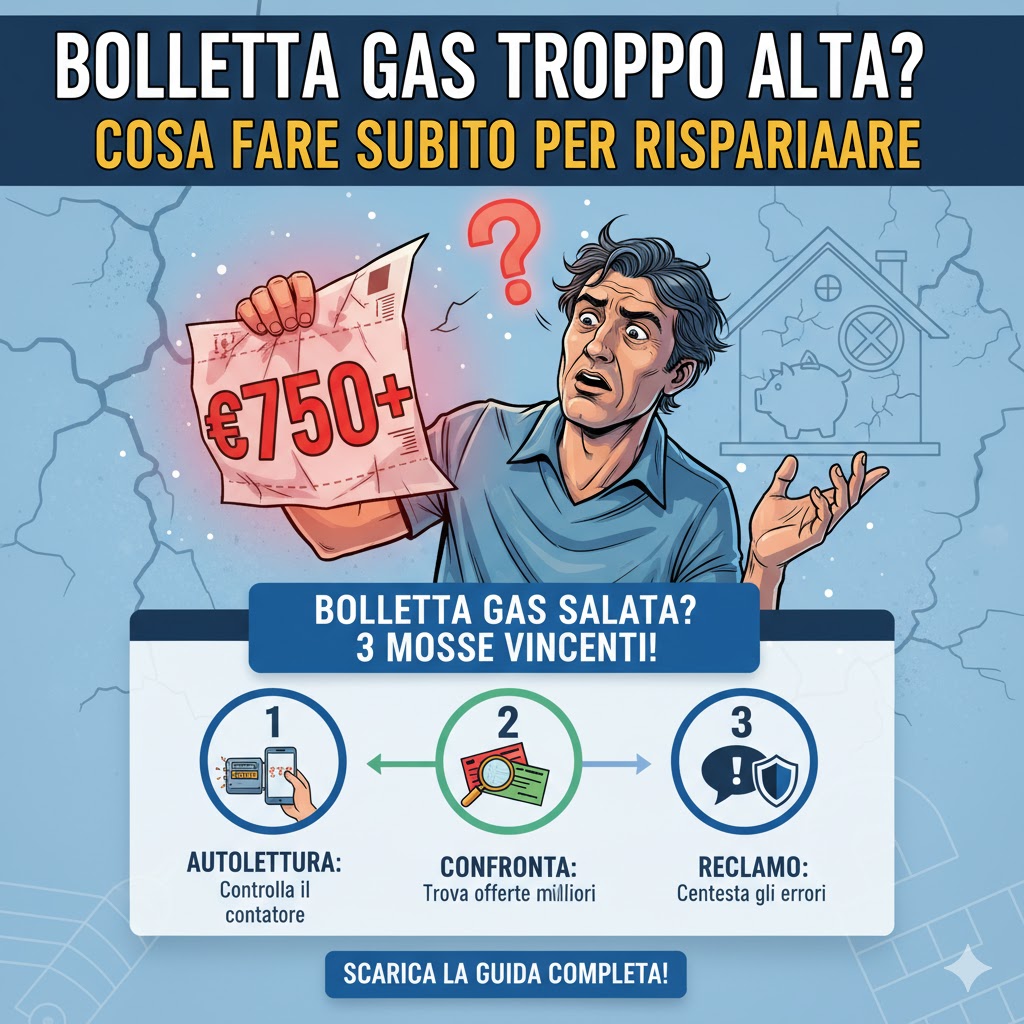 Uomo preoccupato analizza una bolletta del gas troppo alta, cercando di capire cosa fare