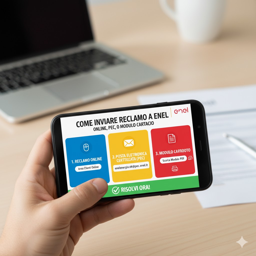 Guida grafica su come inviare un reclamo a ENEL: online, PEC, o modulo cartaceo