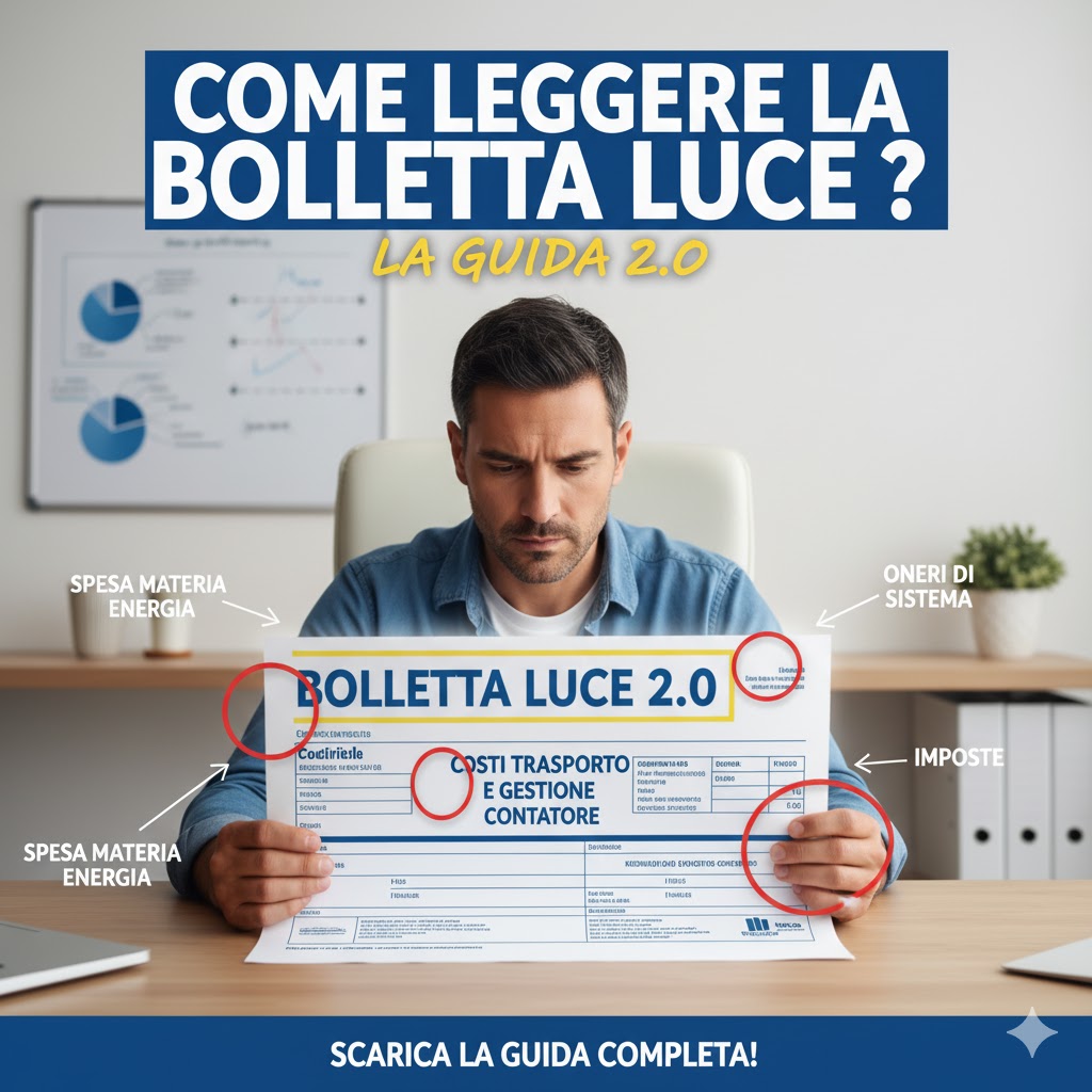 Guida su come leggere la bolletta della luce 2.0: uomo analizza le voci di costo in fattura