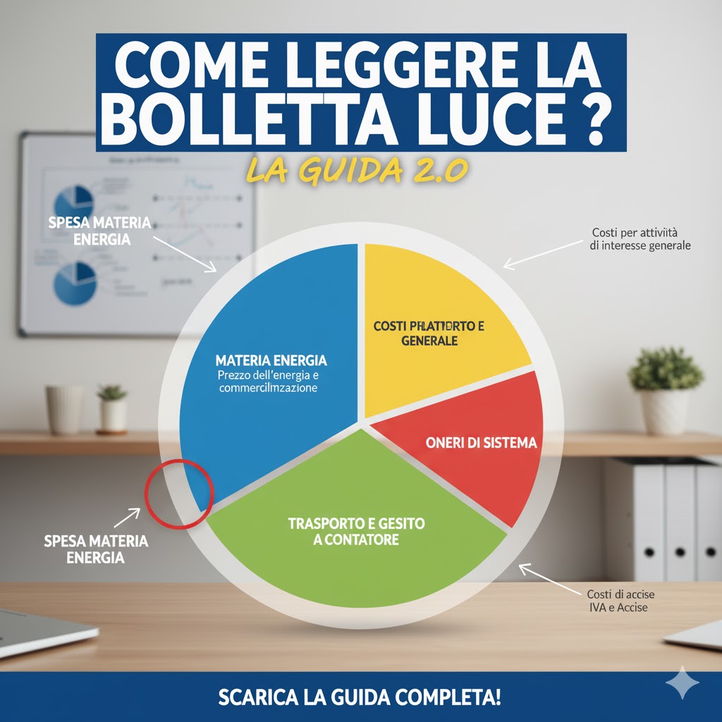 Grafico che spiega le voci di spesa della bolletta luce: materia energia, trasporto, oneri di sistema e imposte