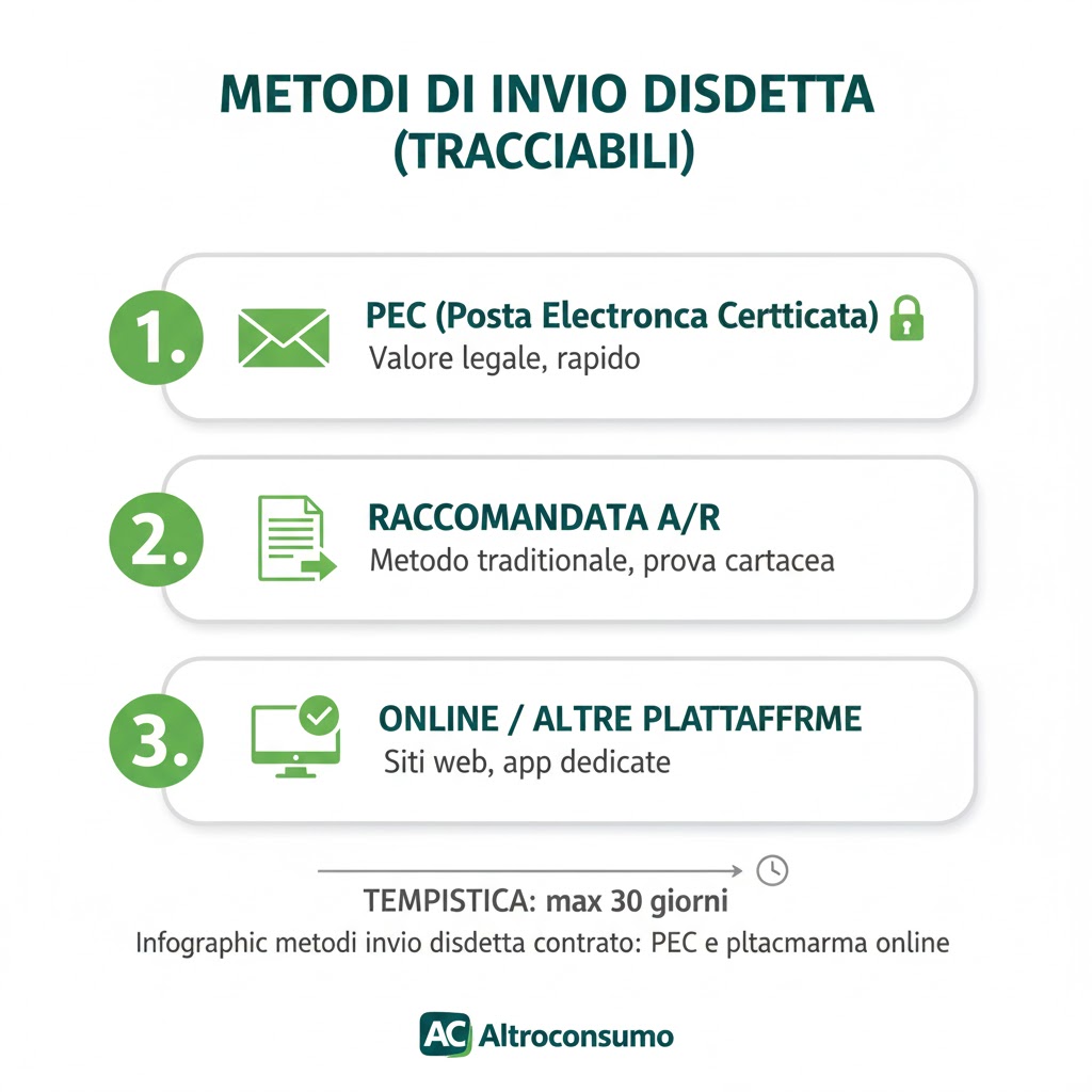 Infografica: metodi di invio disdetta contratto via PEC, Raccomandata A/R e online