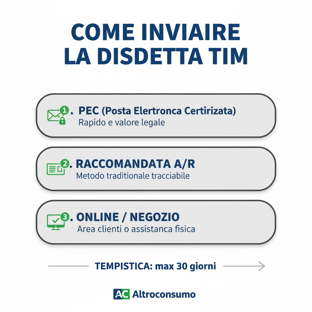 Metodi per inviare la disdetta TIM: PEC, Online e Raccomandata
