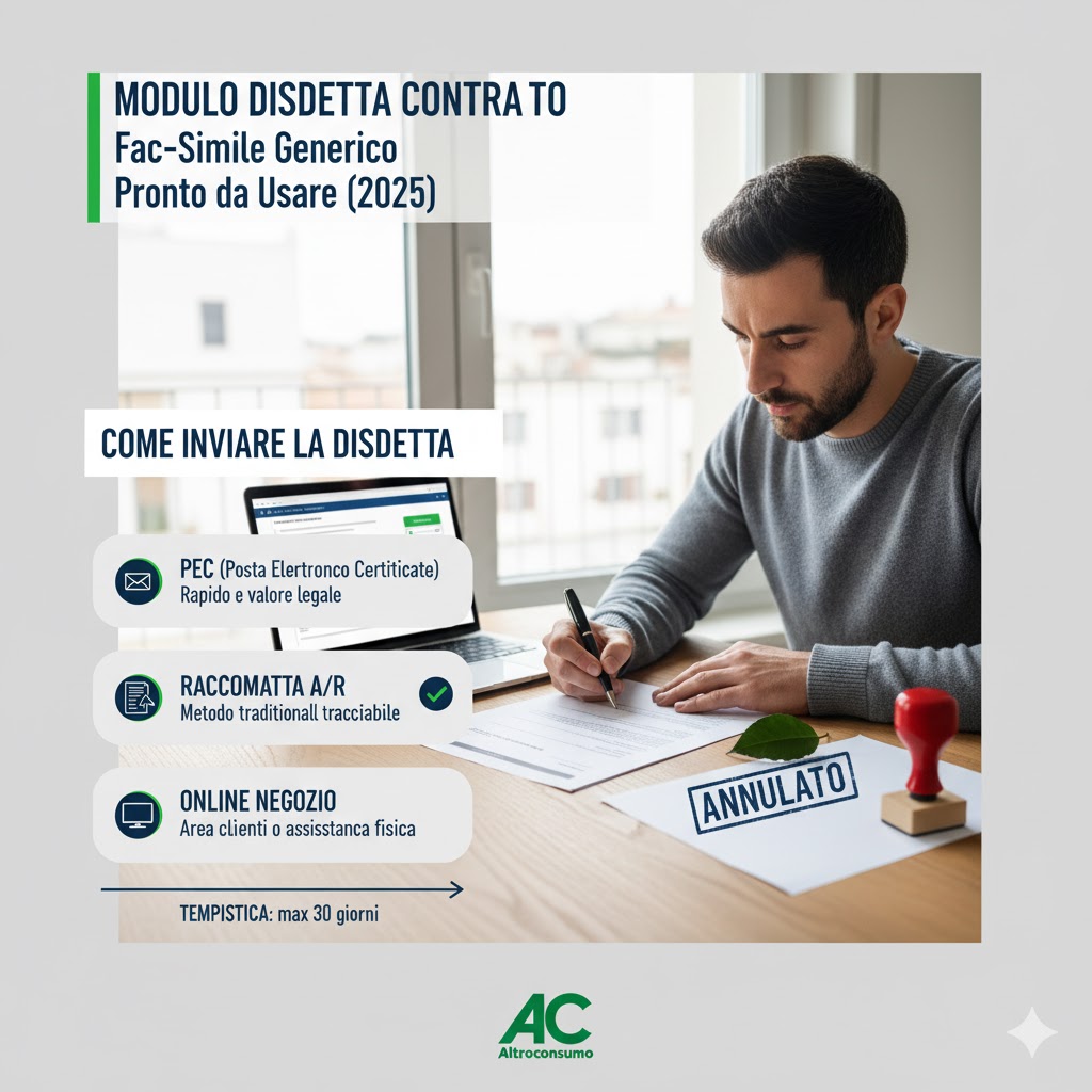 Uomo compila modulo disdetta contratto generico, con opzioni PEC e raccomandata