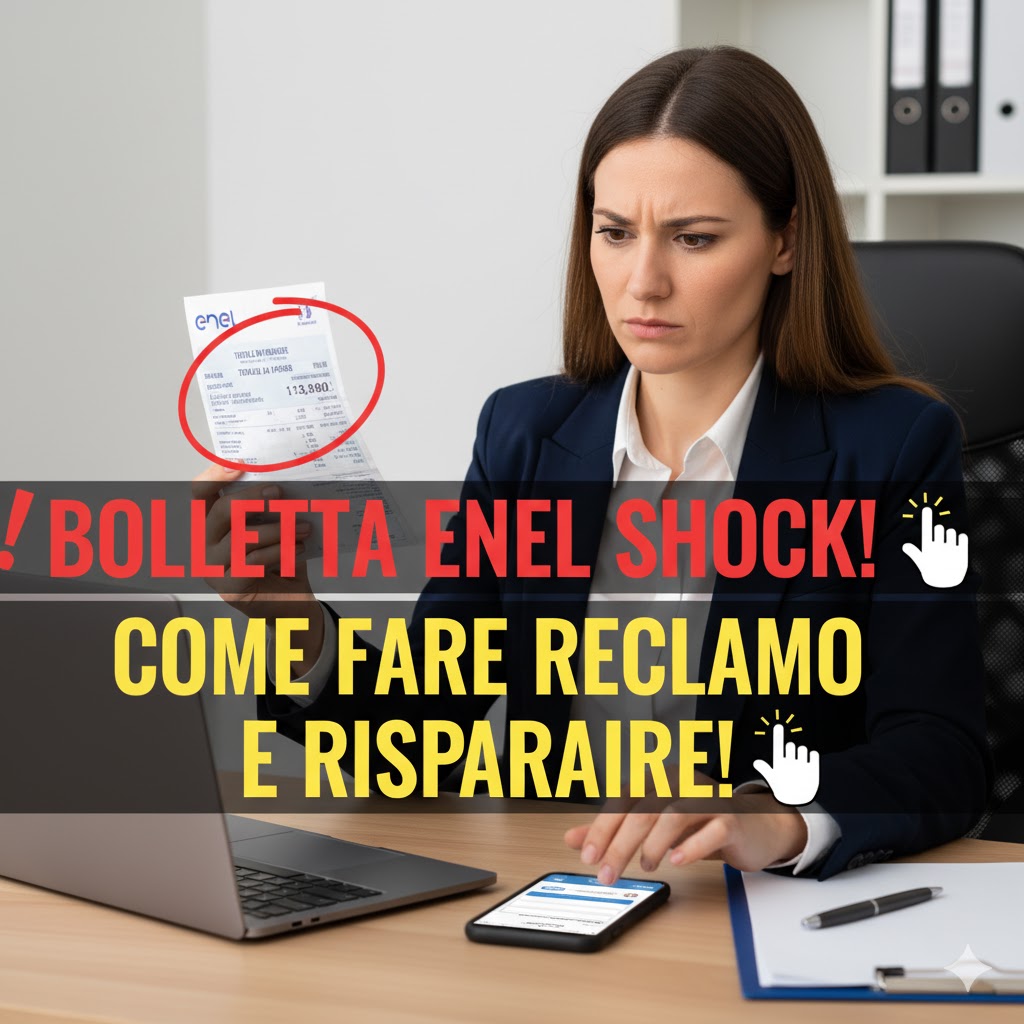 Donna controlla una bolletta ENEL troppo alta, pronta per inviare un reclamo